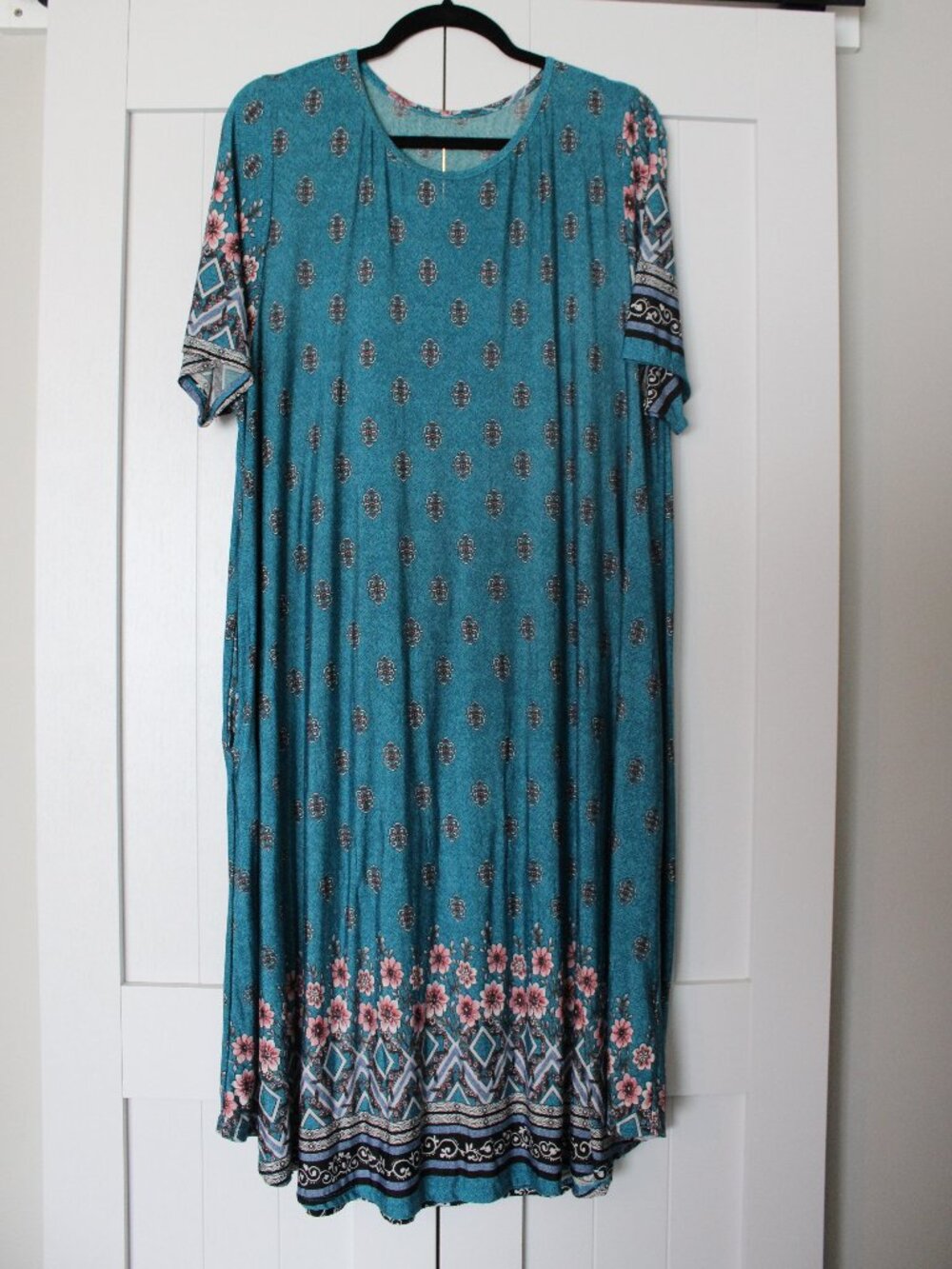 Women's 3X Teal Floral Midi Dress – Boho Border Print | Short Sleeve | Pockets